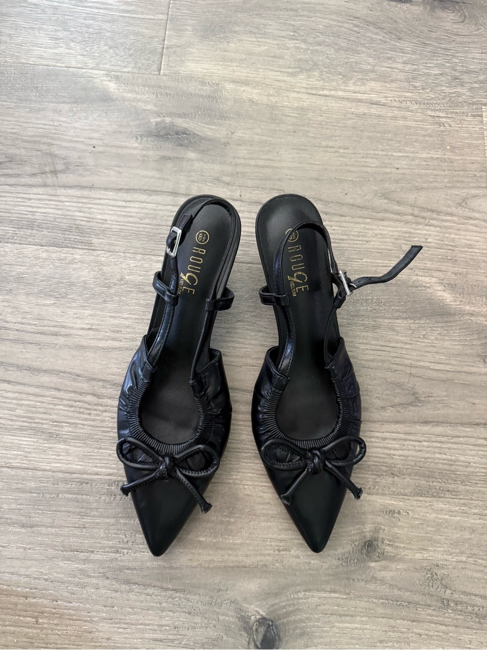 Rampage Black Pointed Slingback Kitten Heels with Bow Accent